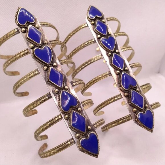 Single Handmade Afghan Cuff Bracelet: Tribal Blue Lapis Adjustable Boho Jewelry - Picture 4 of 4